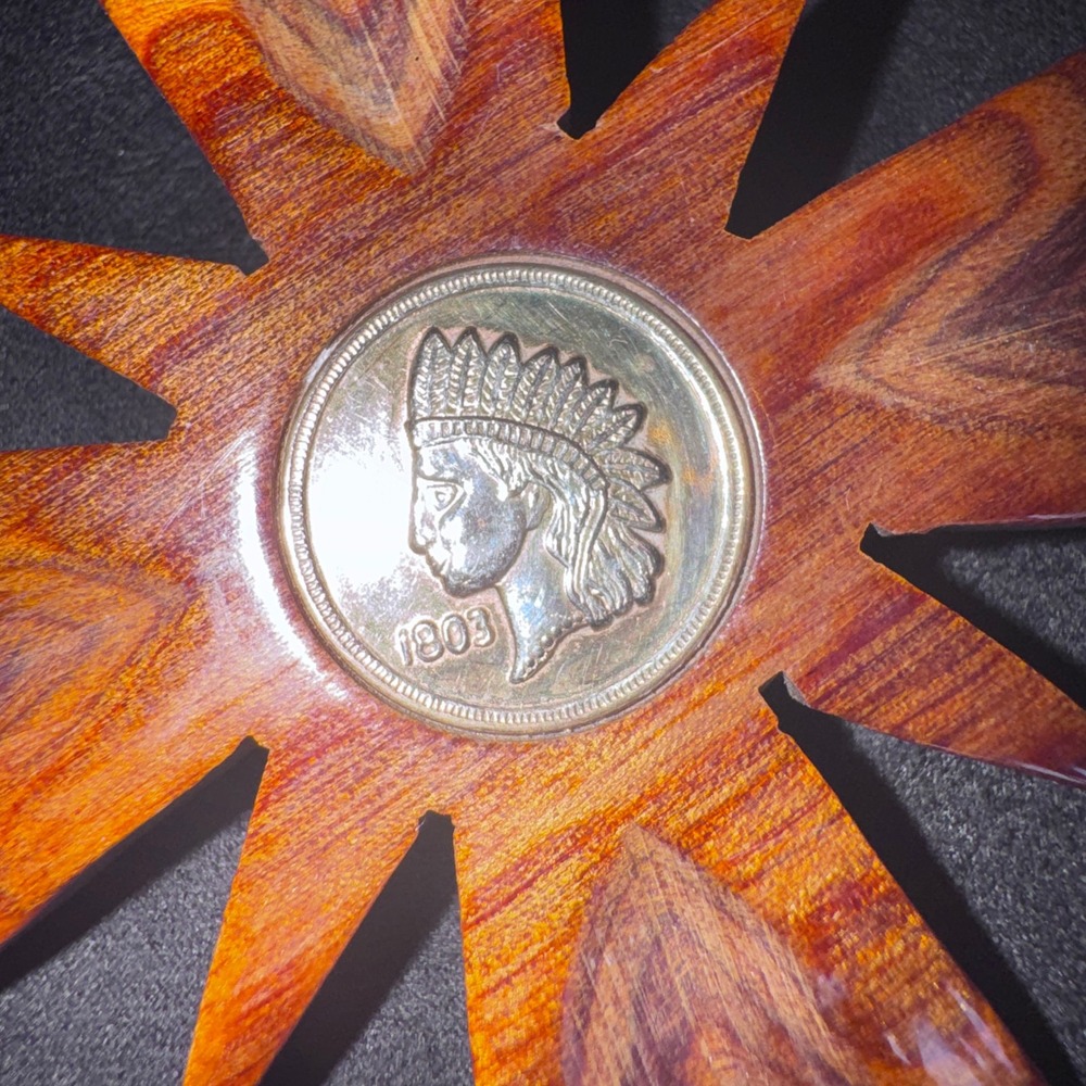 Vintage Wooden Starburst Brooch Indian Head 1803 Coin Medallion Pin Brown Wood